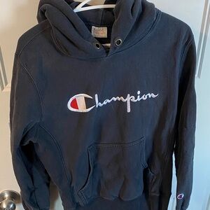 Champion Black Hoodie with White Script and Red Accent